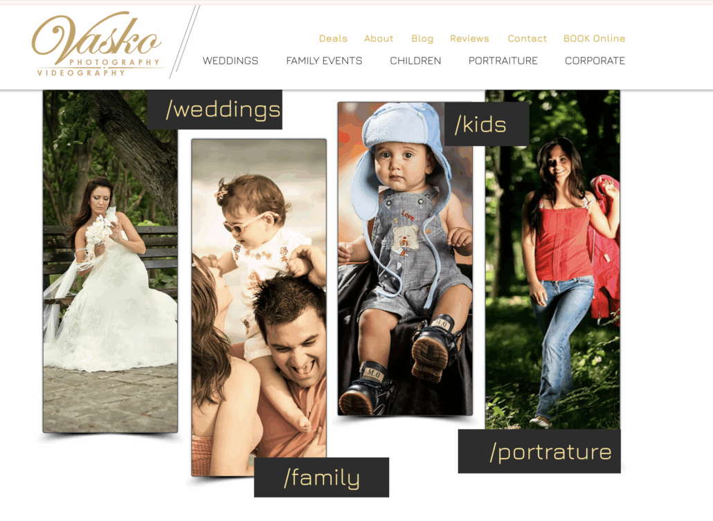 Collage of various photography themes: weddings, family, kids, and portraiture. Features people in natural settings and smiling children. Branding: Vasko Photography.